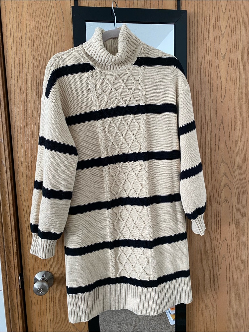 New York & Company Cream and Black Striped Turtleneck Sweater Dress — Small